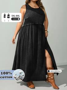 SHEIN CURVE+ Loose Sleeveless Round Neck Dress Dress Summer 2026 Plus Size 22W Women's Halloween Costume Vacation Black Casual Normal - Black - View 11