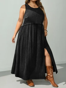 SHEIN CURVE+ Loose Sleeveless Round Neck Dress Dress Summer 2026 Plus Size 22W Women's Halloween Costume Vacation Black Casual Normal - Black - View 5