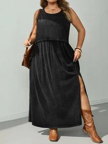 SHEIN CURVE+ Loose Sleeveless Round Neck Dress Dress Summer 2026 Plus Size 22W Women's Halloween Costume Vacation Black Casual Normal - Black - View 3