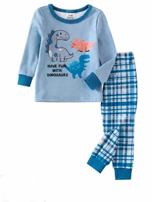 (Randomly Sent 1 Set) Baby Boy Soft Comfortable High Elastic Fabric Crew Neck Long Sleeve Dinosaur Pattern With Plaid Pattern Long Pants Tight Fit Loungewear Set - Multicolor - View 5