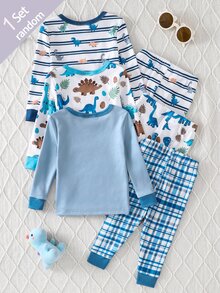 (Randomly Sent 1 Set) Baby Boy Soft Comfortable High Elastic Fabric Crew Neck Long Sleeve Dinosaur Pattern With Plaid Pattern Long Pants Tight Fit Loungewear Set - Multicolor - View 2