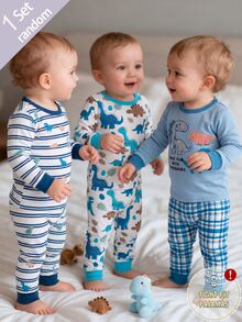 (Randomly Sent 1 Set) Baby Boy Soft Comfortable High Elastic Fabric Crew Neck Long Sleeve Dinosaur Pattern With Plaid Pattern Long Pants Tight Fit Loungewear Set - Multicolor - View 1