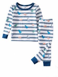 (Randomly Sent 1 Set) Baby Boy Soft Comfortable High Elastic Fabric Crew Neck Long Sleeve Dinosaur Pattern With Plaid Pattern Long Pants Tight Fit Loungewear Set - Multicolor - View 7