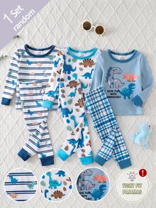 (Randomly Sent 1 Set) Baby Boy Soft Comfortable High Elastic Fabric Crew Neck Long Sleeve Dinosaur Pattern With Plaid Pattern Long Pants Tight Fit Loungewear Set - Multicolor - View 3