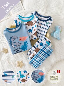 (Randomly Sent 1 Set) Baby Boy Soft Comfortable High Elastic Fabric Crew Neck Long Sleeve Dinosaur Pattern With Plaid Pattern Long Pants Tight Fit Loungewear Set - Multicolor - View 4