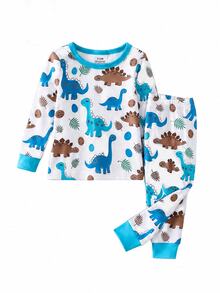 (Randomly Sent 1 Set) Baby Boy Soft Comfortable High Elastic Fabric Crew Neck Long Sleeve Dinosaur Pattern With Plaid Pattern Long Pants Tight Fit Loungewear Set - Multicolor - View 6