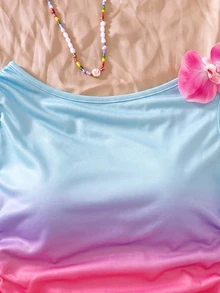 SHEIN 女童漸層兩件套，不對稱單肩無袖短版上衣，抓皺腰部設計，修身顯身材輪廓 - 彩色 - 查看 5