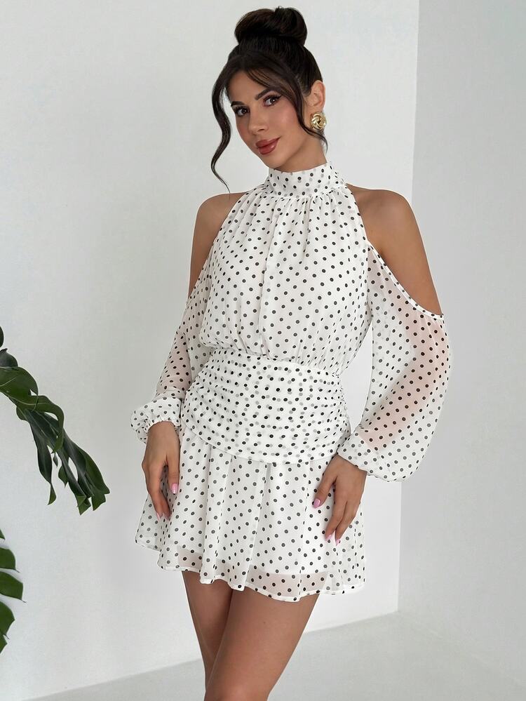 Firerie Women's Polka Dot Stand Collar Off-Shoulder Ruffle Casual Elegant Date Birthday Dinner Date Party Mini Dress White With Black Polka Dots Summer - Black and White - View 8