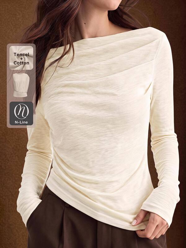 Ontre 2026 New Women's Long Sleeve T-Shirt, Slim Fit, Heather Gray, Knit Fabric, Off-The-Shoulder/Off-Shoulder Design, Ruched Detail, Urban Modern Minimalist Elegant Style, Suitable For Tea Party, Independence Day, Old Money Aesthetic, Teacher Outfit, Office Wear, Fashion Versatile Women's T-Shirt
