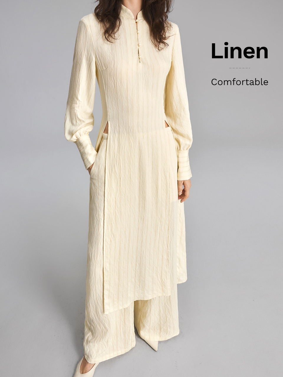 2026 New Summer Loose Fit Solid Apricot Striped Long Sleeve Top Woven Fabric New Chinese Style Stand Collar Frog Button Asymmetric Design Casual Commute Urban Modern Minimalist Elegant Tea Party Independence Day Old Money Style Teacher Women's Office Wear Holiday Vacation Date Women's Outwear Fashion Versatile Women's Top