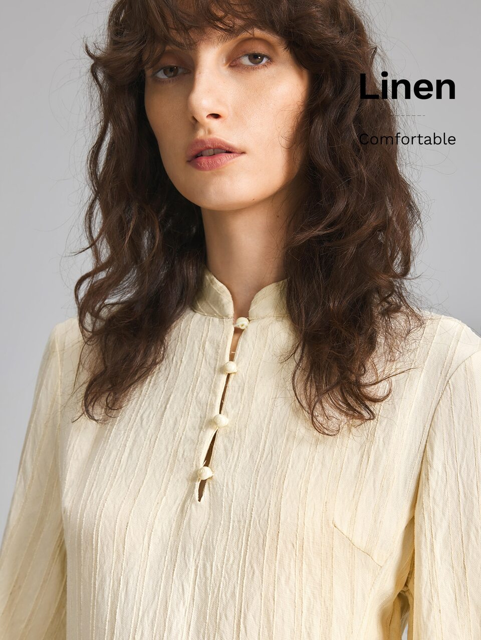 2026 New Summer Loose Fit Solid Apricot Striped Long Sleeve Top Woven Fabric New Chinese Style Stand Collar Frog Button Asymmetric Design Casual Commute Urban Modern Minimalist Elegant Tea Party Independence Day Old Money Style Teacher Women's Office Wear Holiday Vacation Date Women's Outwear Fashion Versatile Women's Top