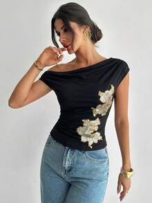 Firerie 女款花卉印花百褶單肩修身上衣，百搭休閒優雅性感，適合酒吧派對夜出，黑金配色，夏季款 - 黑色 - 查看 4