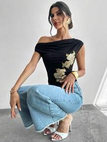 Firerie 女款花卉印花百褶單肩修身上衣，百搭休閒優雅性感，適合酒吧派對夜出，黑金配色，夏季款 - 黑色 - 查看 8