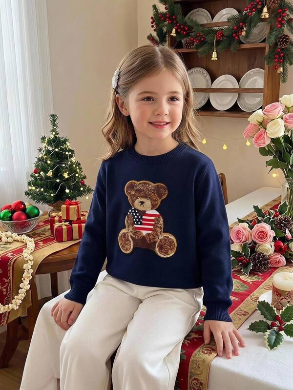 Girls' American Flag Design Teddy Bear Embroidered Knit Sweater, Navy Blue Medium-Thick Crew Neck Regular Shoulder Pullover Long Sleeve Knit Top, Comfortable Fabric, Suitable For Wearing Alone, Layering, Casual Outings, Gatherings And Travel