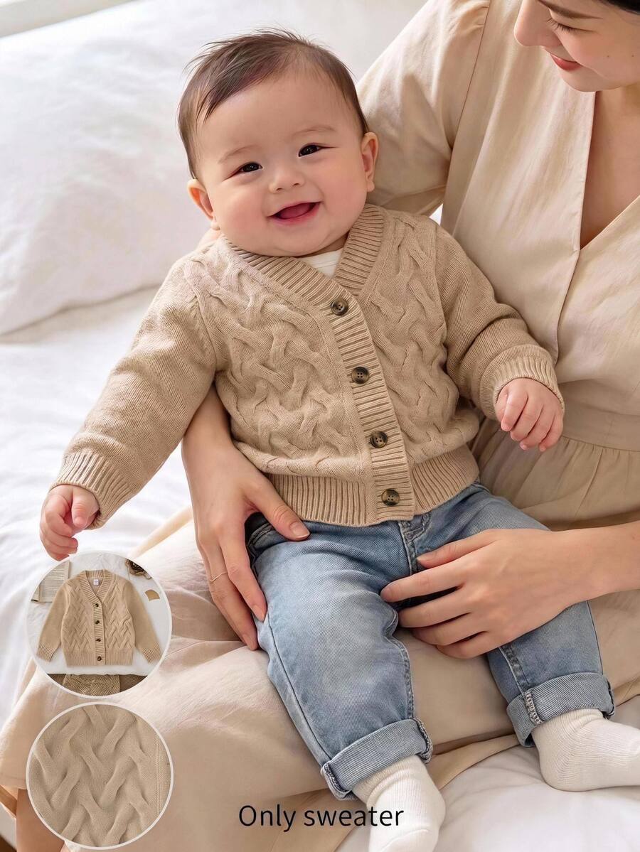 SHEIN Young Boy Solid Color Textured Long Sleeve Single-Breasted Knit Cardigan - Camel - View 1