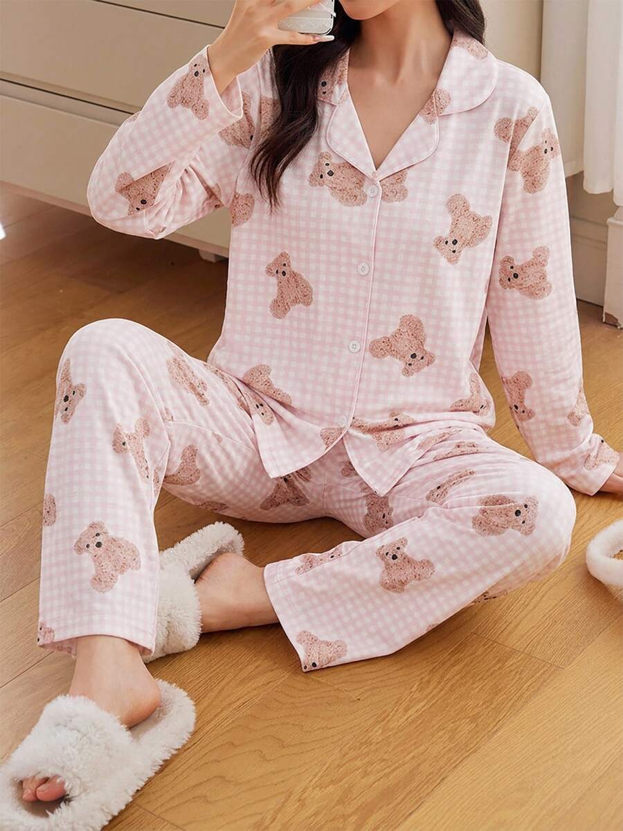 2件組女孩休閒簡約可愛熊圖案長袖開襟衫與長褲家居睡衣套裝,慵懶居家風,送給女孩的最佳禮物 - 粉色 - 查看 1