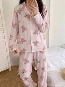 2件組女孩休閒簡約可愛熊圖案長袖開襟衫與長褲家居睡衣套裝，慵懶居家風，送給女孩的最佳禮物 - 粉色 - 查看 9