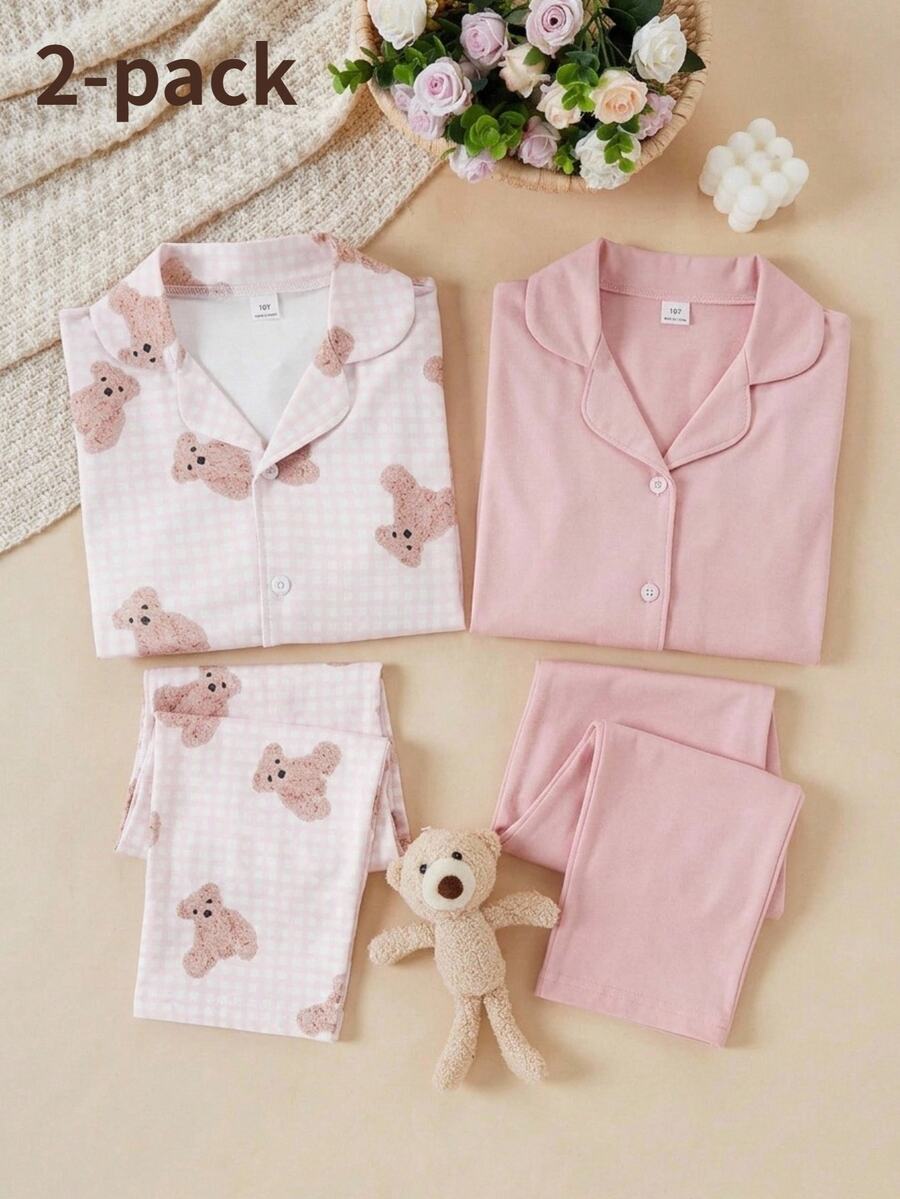 2pcs/Set Girls Casual Minimalist Cute Bear Print Long Sleeve Cardigan And Pants Loungewear Pajama Set, Lazy Home Style, Best Gift For Girls - Pink - View 1