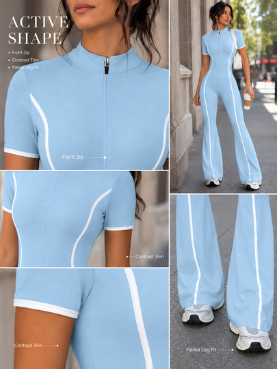 SHEIN Sports 1pc Light Blue Colorblock Sports Jumpsuit, Shaping Yoga Outfit, Soft Comfortable And Fitted, Suitable For Sports, Fitness, Workout