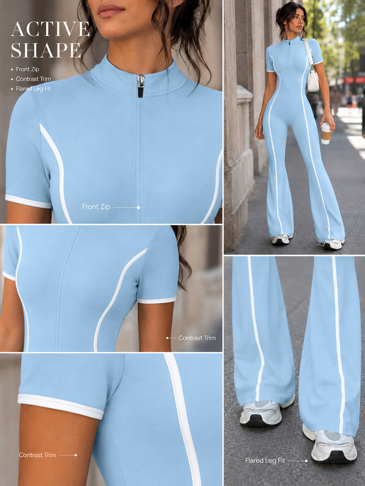 Dewbera Dewbera 1pc Light Blue Colorblock Sports Jumpsuit, Shaping Yoga Outfit, Soft Comfortable And Fitted, Suitable For Sports, Fitness, Workout - Baby Blue - View 6