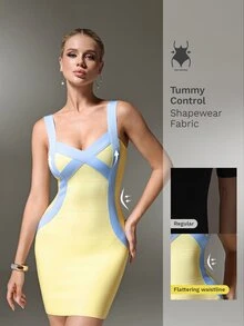 Nuvra Gaun Mini Bodycon dengan Tali Lebar dan Potongan Pinggang yang Menekan Warna Biru Muda & Kuning - MultiWarna - View 6