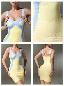 Nuvra Gaun Mini Bodycon dengan Tali Lebar dan Potongan Pinggang yang Menekan Warna Biru Muda & Kuning - MultiWarna - View 7