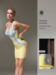 Nuvra Gaun Mini Bodycon dengan Tali Lebar dan Potongan Pinggang yang Menekan Warna Biru Muda & Kuning - MultiWarna - View 1