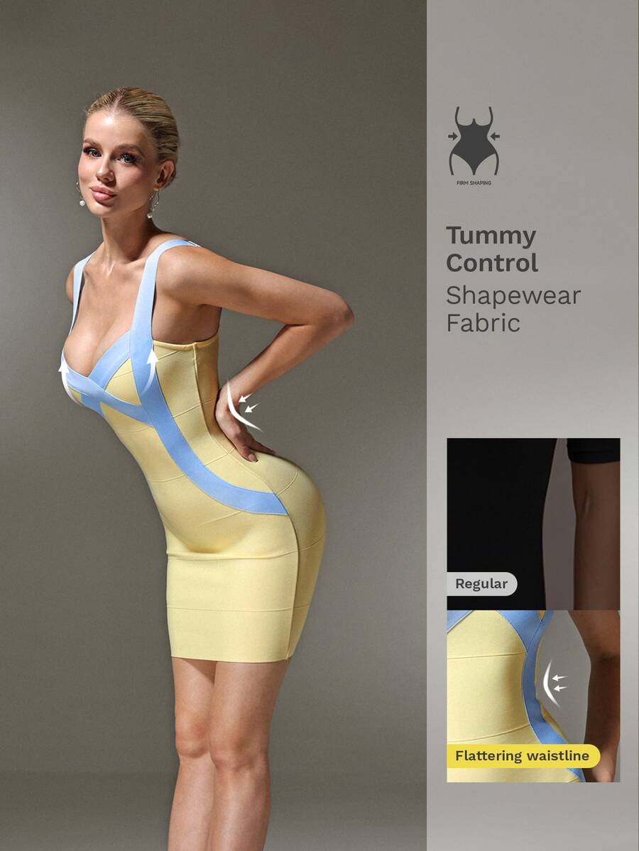 Nuvra Gaun Mini Bodycon dengan Tali Lebar dan Potongan Pinggang yang Menekan Warna Biru Muda & Kuning - MultiWarna - View 1