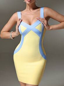 Nuvra Gaun Mini Bodycon dengan Tali Lebar dan Potongan Pinggang yang Menekan Warna Biru Muda & Kuning - MultiWarna - View 5