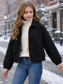 SHEIN 女童純色百搭簡約日常秋冬翻領夾克外套，秋季服飾，假日穿搭 - 黑色 - 查看 6