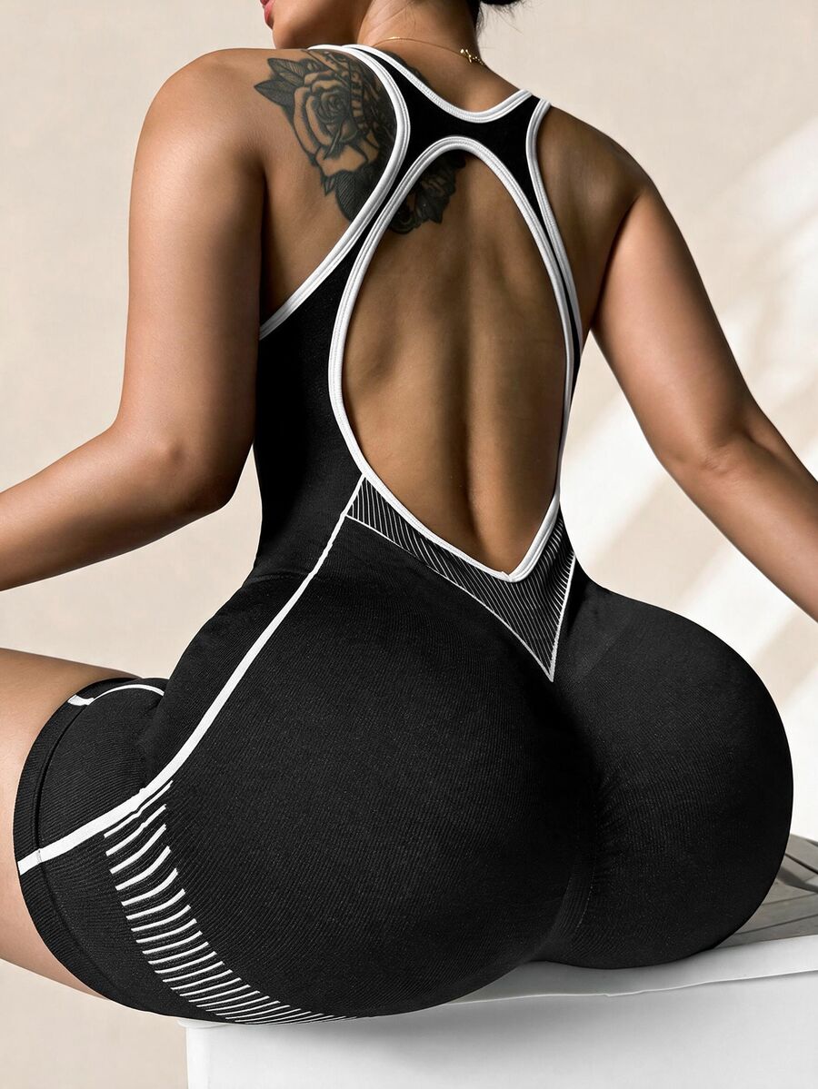 Rhythm Era Plus Size Seamless High Stretch Sports Fitness Jumpsuit, Fashionable Sexy Backless Design Workout Romper One Piece Workout Jumpsuit - Black - View 1