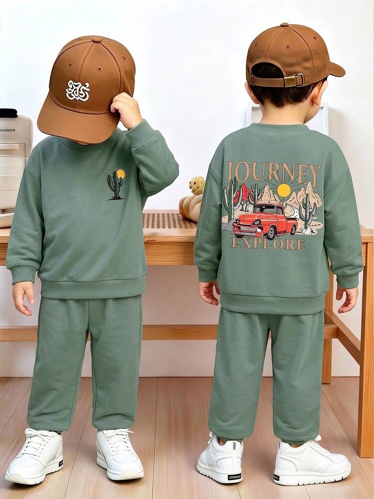 SHEIN 2pcs/Set Infant Baby Boy Top With Fresh Cactus & Sun Print, Crew Neck Long Sleeve, Paired With Cuffed Long Pants, Loose Fit, Unrestricted Movement - Green - View 1