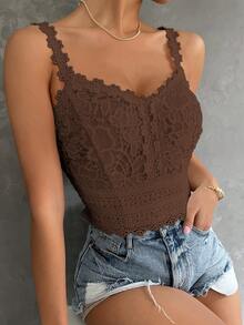 SHEIN Clasi Women's Solid Color Fitted Versatile Daily Casual Romantic Elegant Top Night Out Date Night Coffee Brown Summer - Mocha Brown - View 9