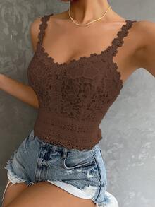SHEIN Clasi Women's Solid Color Fitted Versatile Daily Casual Romantic Elegant Top Night Out Date Night Coffee Brown Summer - Mocha Brown - View 4