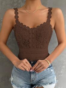SHEIN Clasi Women's Solid Color Fitted Versatile Daily Casual Romantic Elegant Top Night Out Date Night Coffee Brown Summer - Mocha Brown - View 7