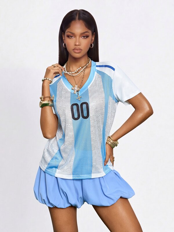 Gowayae Gowayae Jersey Tim Nasional Wanita Argentina Garis Biru & Putih dengan Hiasan Berlian Imitasi, Kerah V, Potongan Slim Fit, Kaos Lengan Pendek