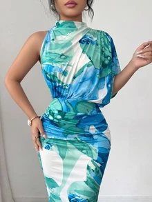 Elenzga 女款春夏優雅花卉印花小立領抓皺設計無袖修身直筒長洋裝 - 綠色 - 查看 4