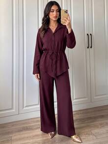 Elenzga Autumn And Winter Casual Solid Color Drawstring Waist Shirt And Pants 2 Pieces Set Brunch Everyday Burgundy House - Burgundy - View 7