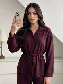 Elenzga Autumn And Winter Casual Solid Color Drawstring Waist Shirt And Pants 2 Pieces Set Brunch Everyday Burgundy House - Burgundy - View 1