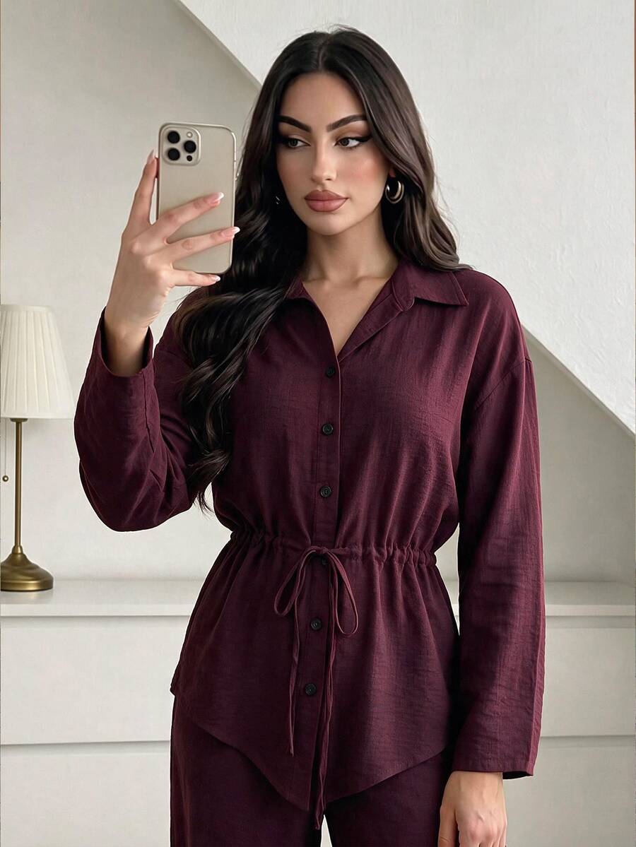 Elenzga Autumn And Winter Casual Solid Color Drawstring Waist Shirt And Pants 2 Pieces Set Brunch Everyday Burgundy House - Burgundy - View 1