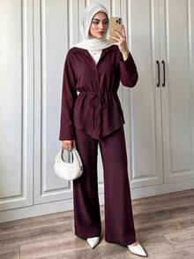 Elenzga Autumn And Winter Casual Solid Color Drawstring Waist Shirt And Pants 2 Pieces Set Brunch Everyday Burgundy House - Burgundy - View 2