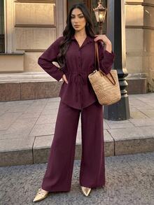 Elenzga Autumn And Winter Casual Solid Color Drawstring Waist Shirt And Pants 2 Pieces Set Brunch Everyday Burgundy House - Burgundy - View 4