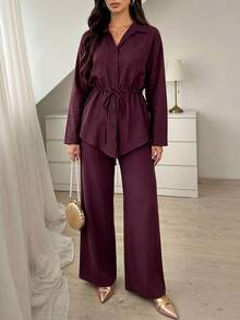 Elenzga Autumn And Winter Casual Solid Color Drawstring Waist Shirt And Pants 2 Pieces Set Brunch Everyday Burgundy House - Burgundy - View 6