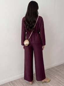 Elenzga Autumn And Winter Casual Solid Color Drawstring Waist Shirt And Pants 2 Pieces Set Brunch Everyday Burgundy House - Burgundy - View 3