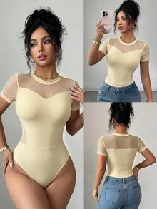 Elenzga 女款春夏精緻優雅性感淡黃色對比網紗圓領短袖修身緊身連身衣 外出夜生活穿搭 - 黃色 - 查看 4