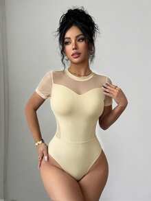Elenzga 女款春夏精緻優雅性感淡黃色對比網紗圓領短袖修身緊身連身衣 外出夜生活穿搭 - 黃色 - 查看 3
