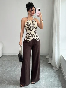 Elenzga Women's Summer Two-Piece Set Leaf Print Wooden Beads Cross-Design Short-Sleeve Fitted Halter Neck Top + Brown Casual Loose Straight-Leg Pants - Multicolor - View 1