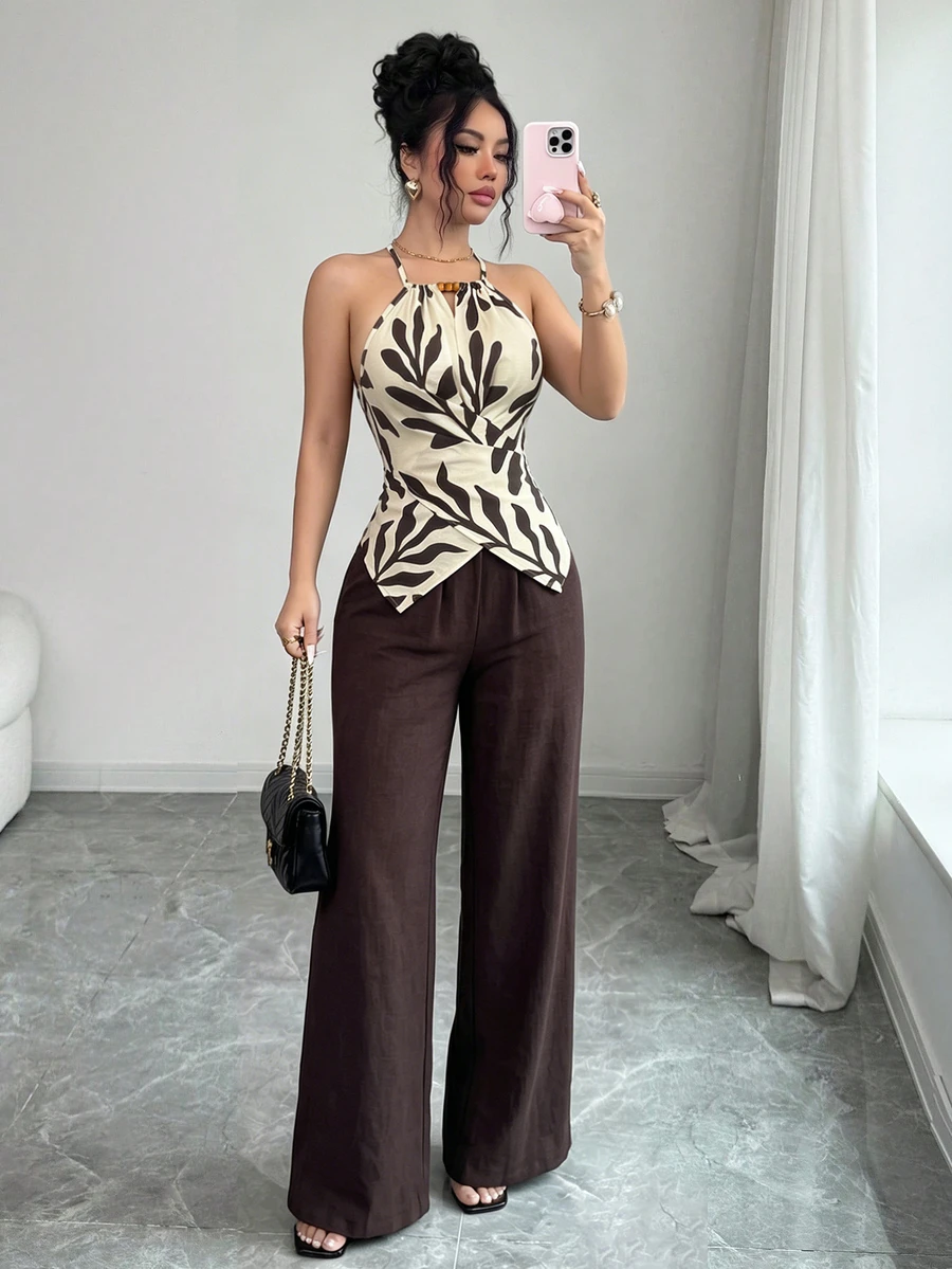 Elenzga Women's Summer Two-Piece Set Leaf Print Wooden Beads Cross-Design Short-Sleeve Fitted Halter Neck Top + Brown Casual Loose Straight-Leg Pants - Multicolor - View 1