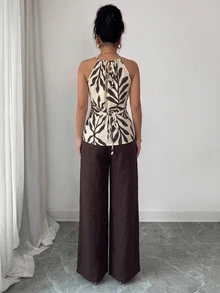 Elenzga Women's Summer Two-Piece Set Leaf Print Wooden Beads Cross-Design Short-Sleeve Fitted Halter Neck Top + Brown Casual Loose Straight-Leg Pants - Multicolor - View 2