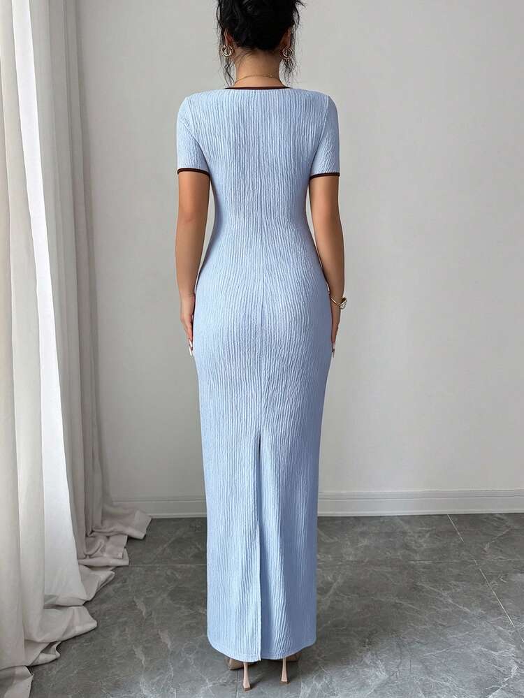 Elenzga Women's Spring/Summer Exquisite Elegant Romantic Apricot Diamond Neckline Bow Tie Design Waist-Cinching Design Short Sleeve Fitted Slim Long Dress - Baby Blue - View 2